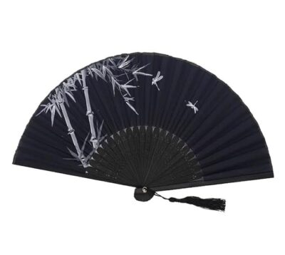 AUM Colorful Floral Pattern Hand Held Foldable Bamboo Japanese Silk Hand Fan (Black - T14) Gift Fan for Girls Women Wedding Favor Theme Party Decoration Stage shows Dance