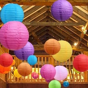Jamboree 12-inch round with wire ribbing - hanging Decoration lantern Home Office Garden decor Paper Ball Paper lantern Multicolor Lantern (30 cm X 30 cm, Pack of 5)