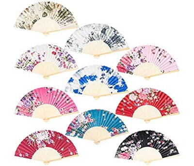 Sage Square Set, Floral Handheld Folding Chinese Fan Vintage Era Touch, Fabric Folding Fan for Wedding Dancing Party, Decorations,Birthday Party, Photo Booth (Random, Pack of 3)
