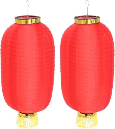 Traditional Chinese Silk Lanterns, Red with Gold Trim, Set of 2
