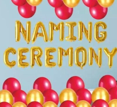 PARTY BOX Naming Ceremony Decoration Kit for Baby boy, Baby girl - 14 Alphabet foil (NAMING CEREMONY), 20 Metallic Balloons (10 gold, 10 red)