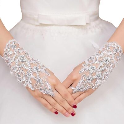 Fancy Dress Wale Wedding Bride Lace Gloves Fingerless Bridal Gloves Red Rhinestone Glove Short Party Prom Glove Accessories for Women and Brides