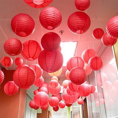 Round Chinese Paper Lamp Decor Lantern Birthday Decoration Holiday Supplies 12inch red 2pcs