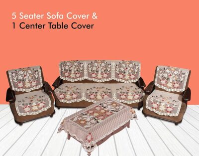 Yellow Weaves Polyester Floral 5Seater Sofa Cover Set with 1 Center Table Cover (Off White) - 7 Pieces