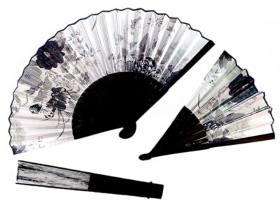 AUM Floral Pattern Handheld Foldable Bamboo Japanese Hand Fan (White & Black-BR) Gift Fan for Girls Women Wedding Favor Theme Party Decoration Stage Shows