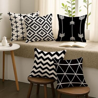 STITCHNEST Set of 5 Polycotton Cushion Covers – 16x16 Inches – Black & White Geometric Prints – Modern Cushion Covers for Sofa & Living Room Decor