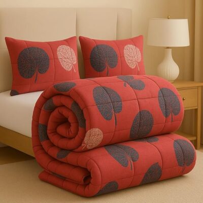 BSB HOME Premium Microfiber Printed Double Bed Comforter with 2 Matching Pillow Covers | All-Season Reversible AC Blanket for Winter & Summer | Soft & Lightweight Quilt for Double Bed - Brick Pink