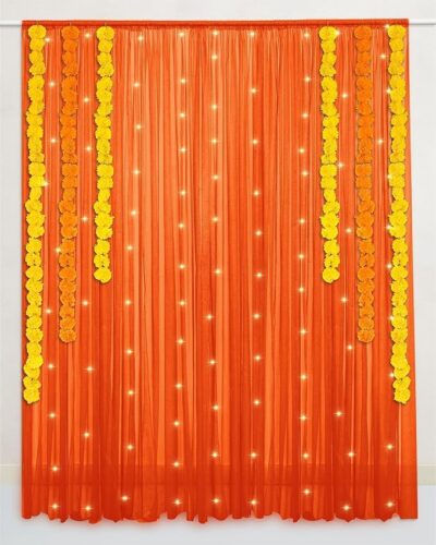 Traditional Orange Net Backdrop Curtains – 2 Pcs Decoration Cloth for Wedding & Party