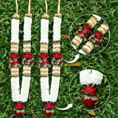 Vedic Vaani Indian Wedding Floral Garland Jai Mala Haar A Pair of Artificial Wedding Garland for Bride and Groom Varmala Multipurpose Use (Set of Two) (Red and White), 25 Inches