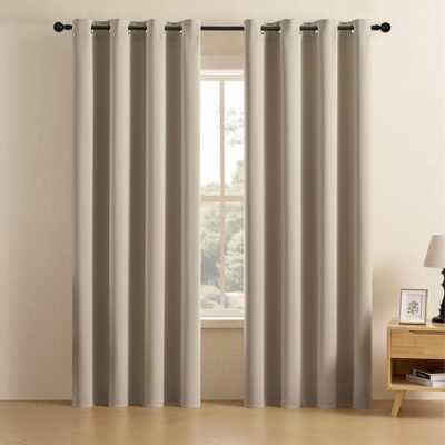 LINENWALAS 100% Solid True Solid Blackout Curtains (8 Feet) - Set of 2 Panels | Complete Light Block | Thermal Insulated & Noise Reducing Room Darkening Curtains for Living Room & Home Décor (Beige)