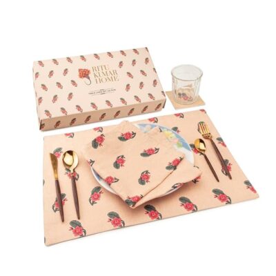 Spaces Home Table Linen Set of 12 Flora red Design | Napkins, Placemats, Coasters | 100% Cotton | Premium Gifting Set by Welspun
