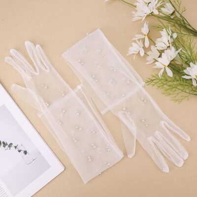PALAY® Wedding Gloves for Bride White Lace Gloves for Women Hand Gloves for Girls White Net Gloves, Elbow Length Lace Gloves Elegant Bridal Tulle Gloves