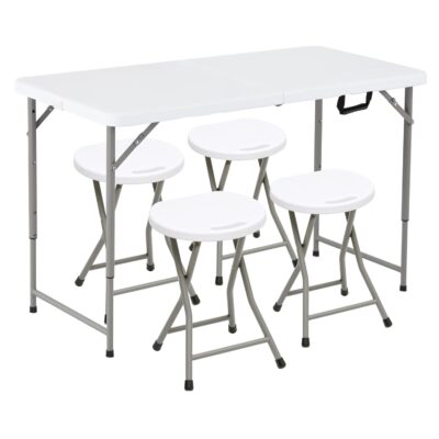 Livzing Heavy-Duty Plastic Portable Picnic Table with 4 Chairs- Height Adjustable and Foldable Table Chair Set for Picnic-Hiking-Patio-Party-Garden-Travel Friendly Multi-Purpose Dining Set - White