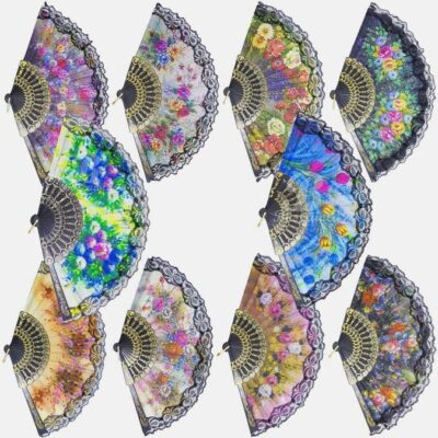 Pack of 12 Spanish Floral Folding Handheld Fan Size 9" Flowers Pattern Lace Handheld Chinese Japanese Vintage Fabric Fans Dancing Church Party Gifts Colors May Vary