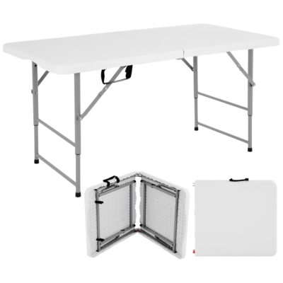 Livzing 4 Ft Height Adjustable Plastic Folding Picnic Table with Metal Frame Sturdy Portable 100kg Load Capacity Foldable Patio Table Travel Friendly Picnic Table Garden Camping Table (HDPE), White
