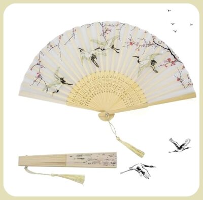 AUM Colorful Floral Pattern Handheld Foldable Bamboo Japanese Silk Hand Fan (White -T1) Gift Fan for Girls Women Wedding Favor Theme Party Decoration Stage shows Dance