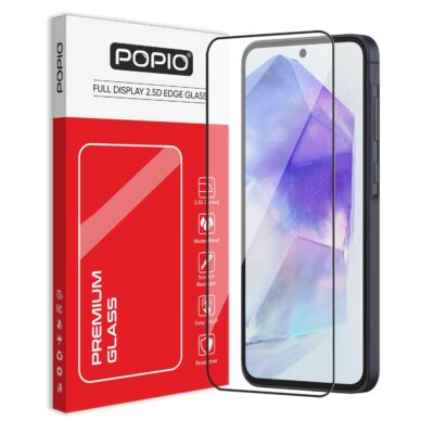 POPIO Military-Grade Gorilla Tempered Glass For Samsung Galaxy A35 / A55 / M35 (Black) 9H Hardness, Edge-to-Edge Full Coverage, Anti-Scratch, Bubble-Free, Ultra Clear HD Glass, Oleophobic Coating, Face ID Compatible