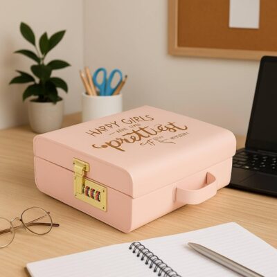 Elan Vintage Style Metal Briefcase Happy Girls Decorative Storage Box with Gold Accents Lockable Treasure Chest Jewelry Box and Gift Trunk for Home Décor Organizer Box for Gifting (Light Pink)