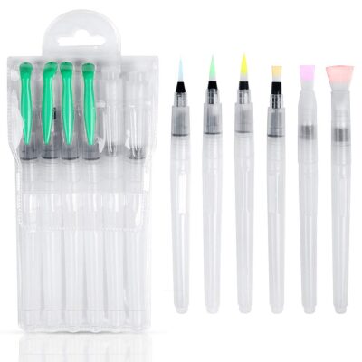 6-Piece Water Brush Pen Set with Round & Flat Tips – Refillable Watercolor Brushes