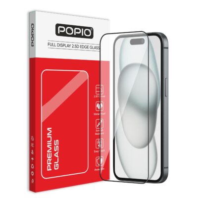 POPIO Military-Grade Gorilla Tempered Glass For iPhone 15/16 (Black) 9H Hardness, Edge-to-Edge Full Coverage, Anti-Scratch, Bubble-Free, Ultra Clear HD Glass, Oleophobic Coating, Face ID Compatible