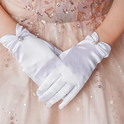 Ahamo Elegant Pearl-Embellished White Lace Wedding Gloves for Women - Bridal Hand Mittens (Adult, One Pair)