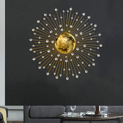 ZOVE Modern Handcrafted Metal Wall Decor | Electroplated Gold Sun Design with White Crystal Stone (30 Inch)