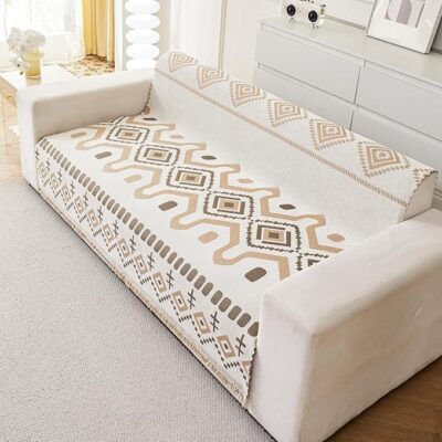 HOMETHREADS Chenille Bohemian Boho Style Sofa Cover | Thick & Soft Luxury Slipcover | Protective, Washable & Stylish Couch Cover for Living Room Décor. (Bohemian beige, 1 Seater Large | 90x180cm)