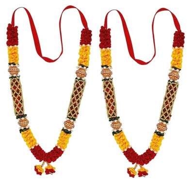 Ribbon Mala for Photo Frames and God Idols, Garland for Photos of Loved Ones, Traditional Mala for Ancestors and Pitra, Pooja Room, 34 cm (Set of 2), Red
