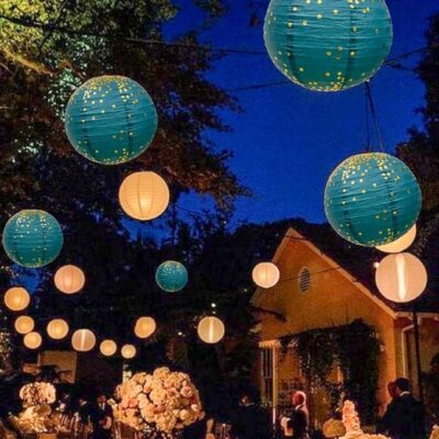 Wanna Party Aqua Blue Gold Party Decorations 12-inch Round Chinese Paper Lanterns, Blue with golden polka dots Paper Lanterns Decorative for Wedding Baby Shower Birthday Party