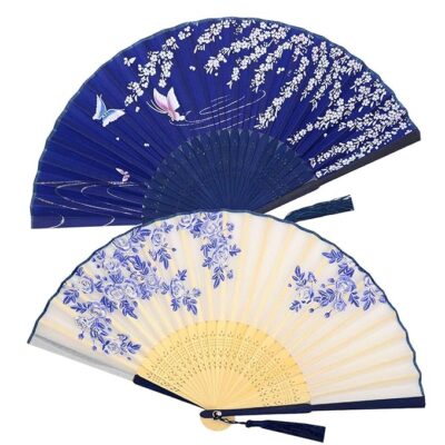 2pcs Hand Fan Manual, Traditional Japanese Fan & Chinese Fan for Hand | Foldable Paper Fans for Wedding Decor, Dance & Cultural Events (White/Blue)