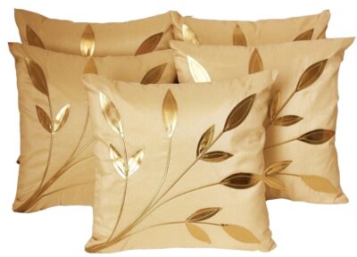 Golden Floral Cushion Covers, 16x16 Inch, Cream Beige, Set of 5