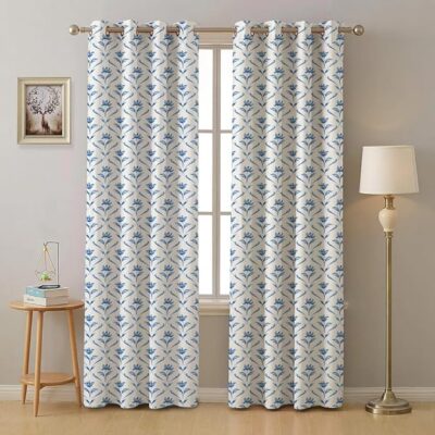 Urban Space 100% Cotton Curtains for Window, 60-65% Light-Filtering Room Darkening Decorative Curtains, Readymade Tieback Curtain with Eyelet Set of 2 (Water Lily - Blue, 5 feet x 4 feet)
