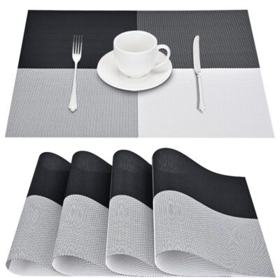 Linen Grey Placemats Set of 4 - Heat Resistant Non-Slip Place mats for Dining Table, Washable Durable PVC Vinyl Woven Table Mats (Black and White)