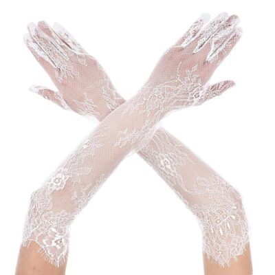 Long Lace Gloves for Women, Elegant White Net Handwear with Floral Design, Stylish Formal Accessories for Bridal Wedding, Party and Special Occasions