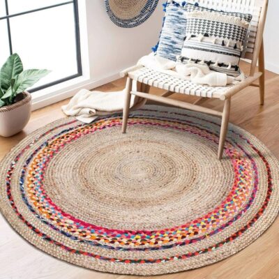 Handwoven Round Jute Chindi Braided Carpet Rug – 2x2 Feet