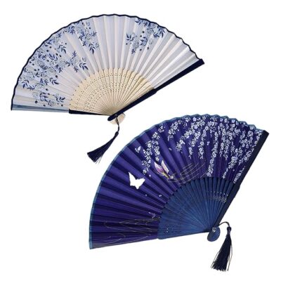 2 Pcs Hand Fan Manual, Japanese Fan, Chinese Fan for Hand Paper Fans for Decoration for Dancing Cosplay Wedding Party Props Decoration, White and Blue, 10 cm