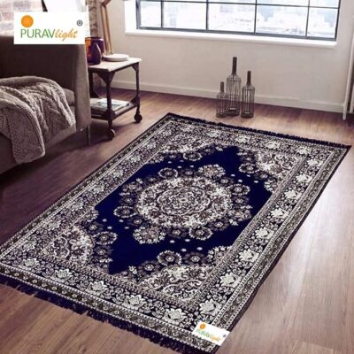Home Decor Cotton Carpets for Living Room 5x7 feet Multi-Use Flower Design Carpet Mats (Blue Colour)