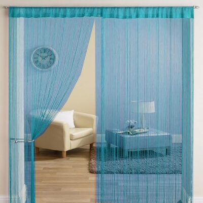 HFI 1 Piece Solid Tab top Polyester Threads String Curtain - Long Door - 9 feet, Aqua Blue, Semi Transparent Curtain