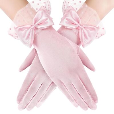 PATPAT® 1 Pair Pink Lace Gloves for Women, Bridal Elegant Gown Net Gloves for Women with Bow and Lace Cuff, Adult Ladies Elegant Mittens for Wedding Party Festival Photography Formal Gown Accessories