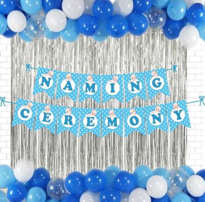 Untumble Naming/Baptism Ceremony Decoration Kit For Baby Boy|Blue Baby Boy Name Ceremony Kit With Naming Ceremony Banner, Silver Foil Curtain, & Balloons |Pack Of 42