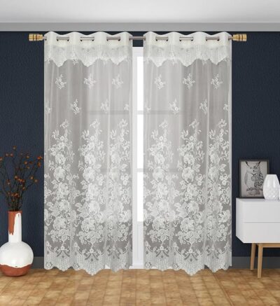 Polyester Fabric Floral Net Semi Transparent Sheer Curtains for Living Room | Set of 2 Soft Polyetster Curtains with Eyelet Ring Top for Bedroom, Door and Windows (White, 4x7 Feet (Doors))