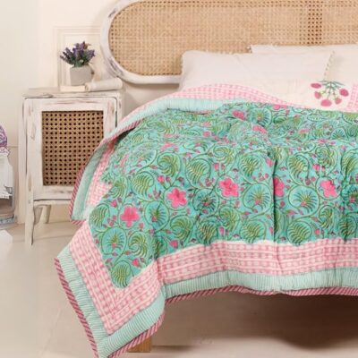 Peepul Tree Single Bed Cotton Malmal Quilt | Hand Block Jaipuri Razai | Beautiful Floral Soft, Breathable & Reversible AC Blanket | Made in India (Turquoise & Pink, 60x90 inches)