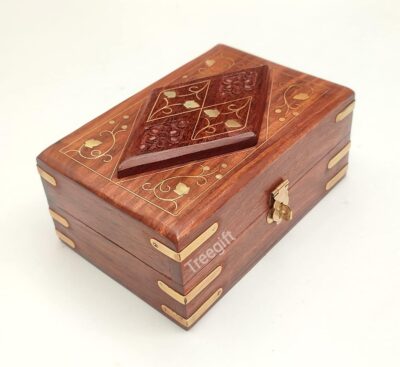 Wooden Jewellery Box for Women Jewelry Organizer Hand Carving and Brass work Gift Item.Brown (Sheesham Wood) (Small)