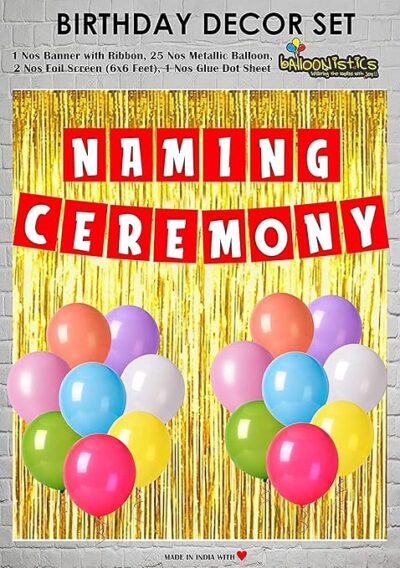 Naming Ceremony Banner C16 Combo Includes 2 Gold foil Curtains, 1 Naming Ceremony Banner, 25 Nos Multicolor Balloon and Glue Dots for Decoration