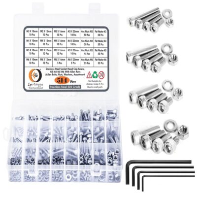 Epi-Torque Stainless Steel M3–M6 Socket Head Cap Screw, Nut, Washer & Allen Key Set – 514 Pcs Kit