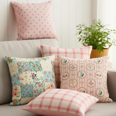 Pack of 5 Vintage Floral Throw Pillow Covers 16x16 Inches | Pink Cottagecore Patchwork Stripe Decor | Shabby Chic Pastel Garden Cushion Cases