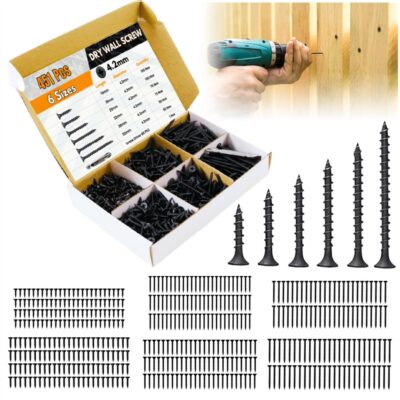 Homdum Assorted Black Dry Wall Screws Set (451 Pcs, 6 Sizes + PH2 Bit)
