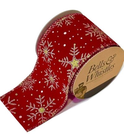 Bells & Whistles Red Velvet Glittery Snowflake Wired Ribbon | Length: 5 Yards Width: 2.5 Inch