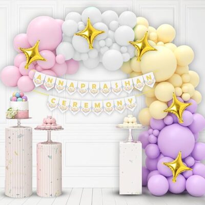 Party Propz Annaprashan Decorations Items - 46 Pcs Pastel Balloons For Decoration with Rice Ceremony Banner, Star Foil Balloons, Baby Annaprasana Decoration Items, Annaprasana Decoration Backdrop