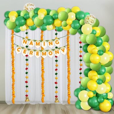 Party Propz Naming Ceremony Decoration Kit - 54Pcs Banner, Backdrop, Green and Yellow Balloons for Baby Girl Baptism